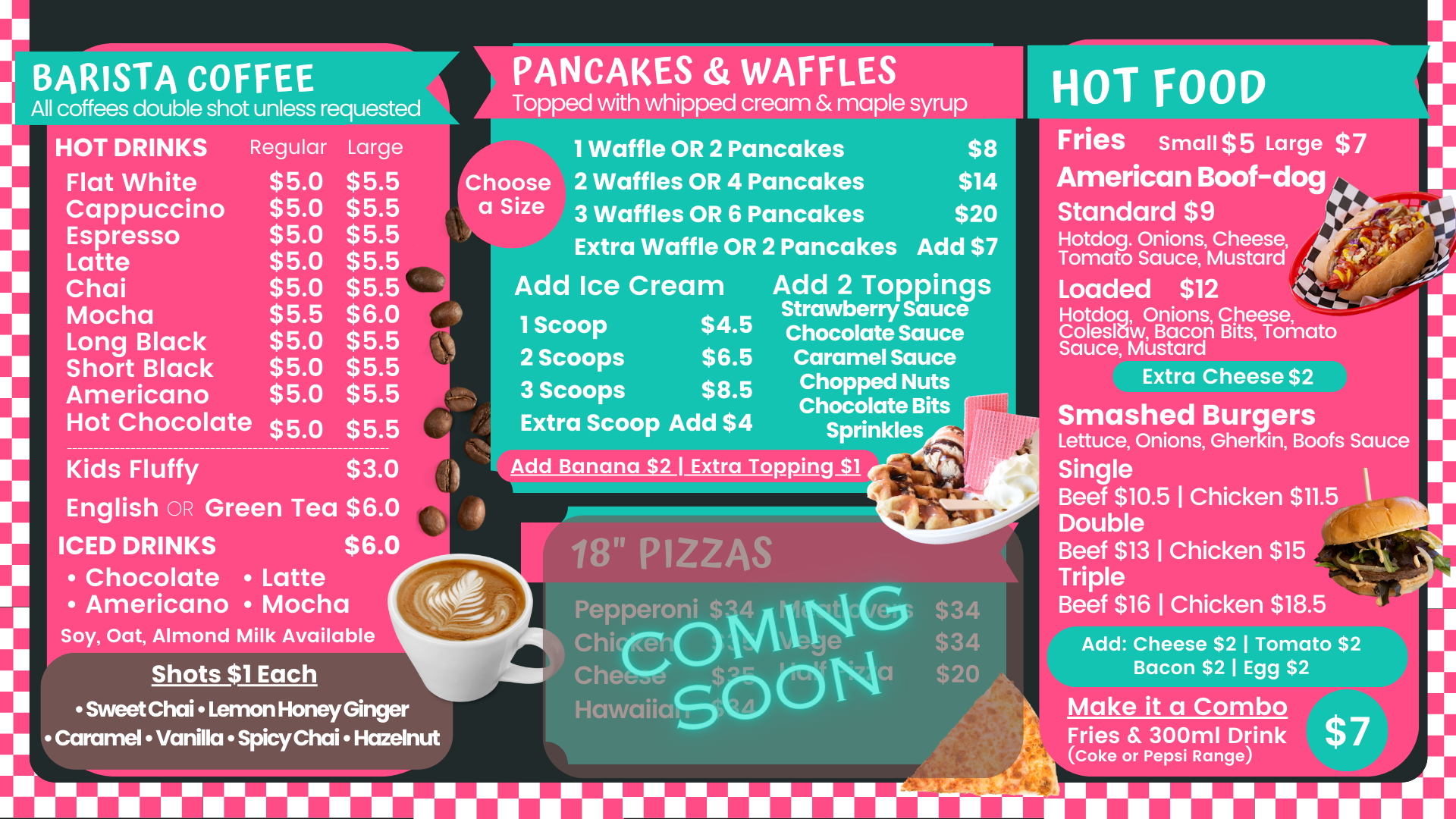 Coffee, Pancakes, Waffles, Fries, Hotdog, Smash Burger Menu